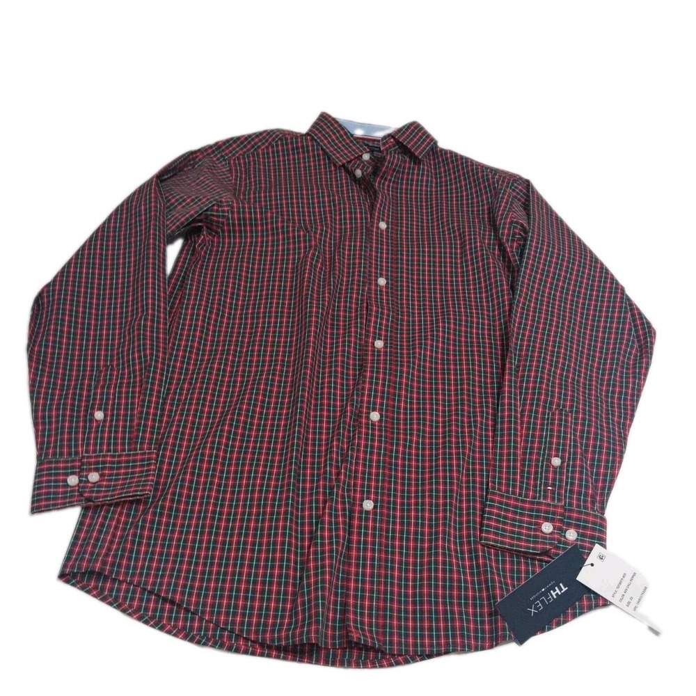 NWT TOMMY HILFIGER Youth Boys Button Down Shirt Blue Red Plaid Size